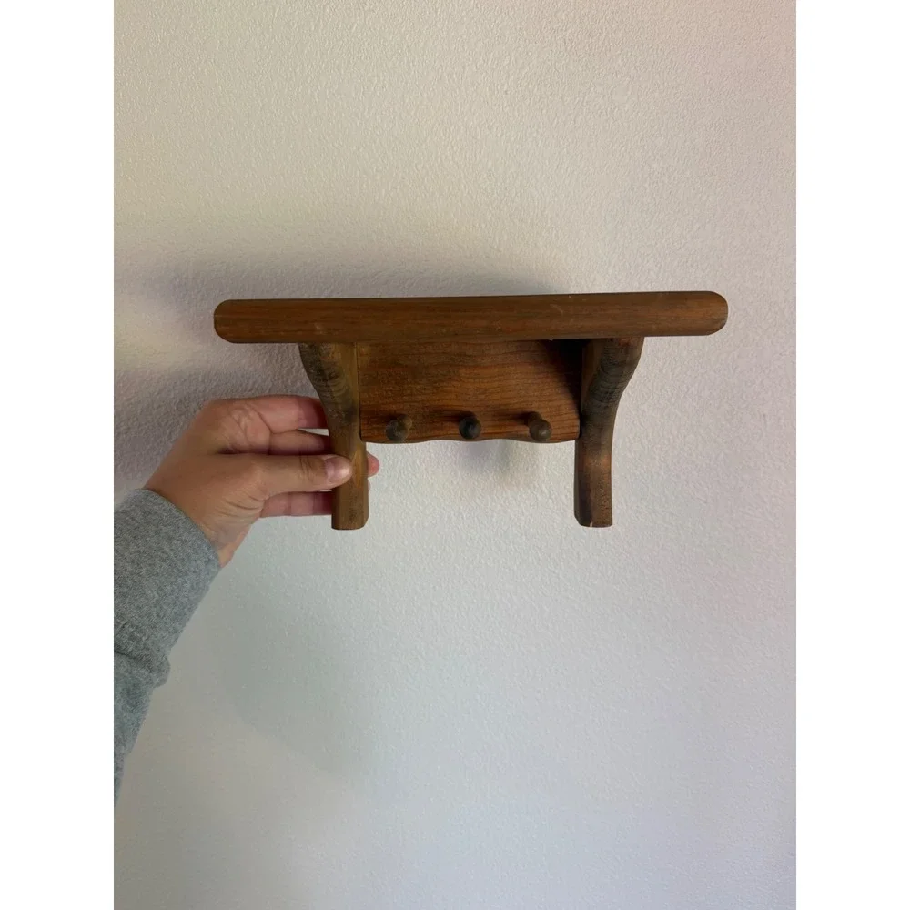 Vintage Wooden Wall Shelf Small Brown Good Rustic 3-Peg Key Rack Entryway